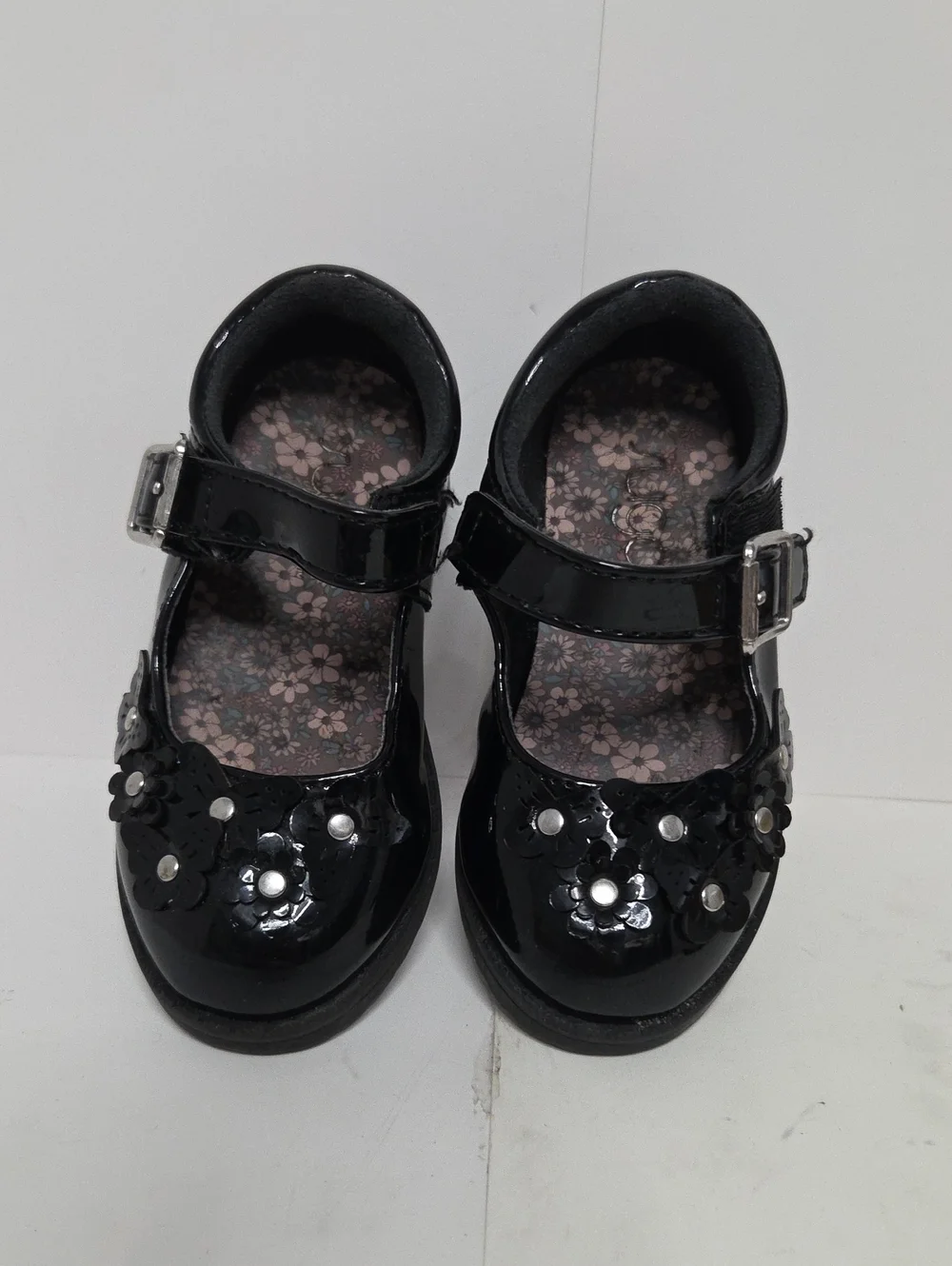 Sugar Black Patent Mary Jane Shoes with Floral Studs